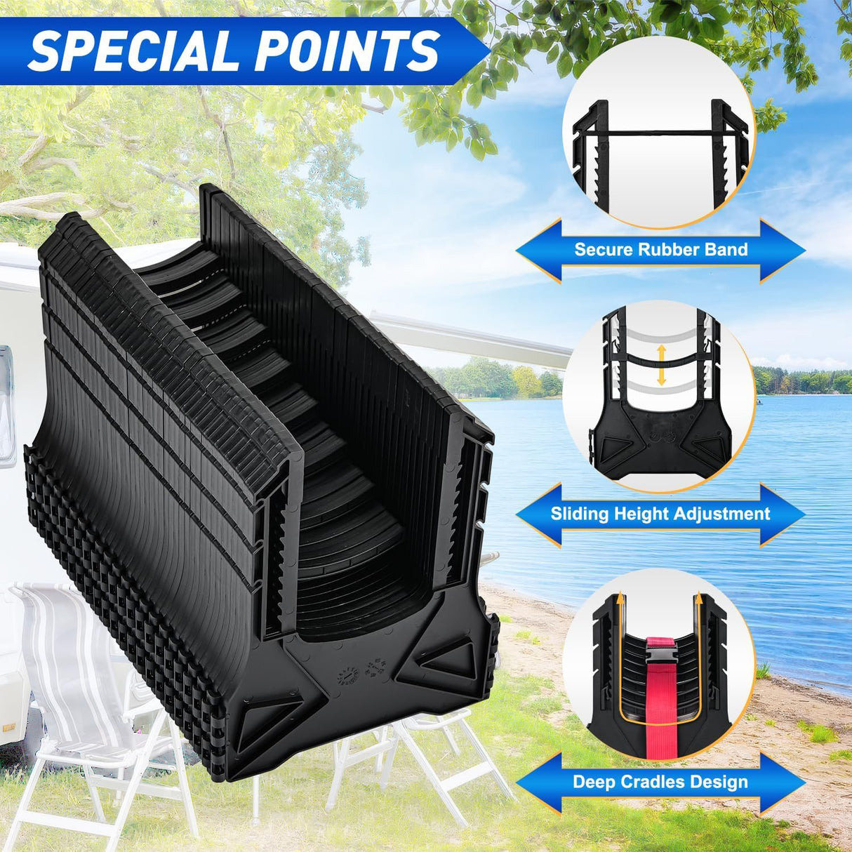 RV Sewer Hose Support 15Ft, Telescoping Design Avoid Obstacles and Height Adjustable for Camper Drainage, Easy to Set Up, Stable Deep U Shape Cradles Secure with Strap and Rubber Bands, Black