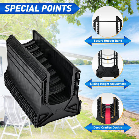 RV Sewer Hose Support 15Ft, Telescoping Design Avoid Obstacles and Height Adjustable for Camper Drainage, Easy to Set Up, Stable Deep U Shape Cradles Secure with Strap and Rubber Bands, Black