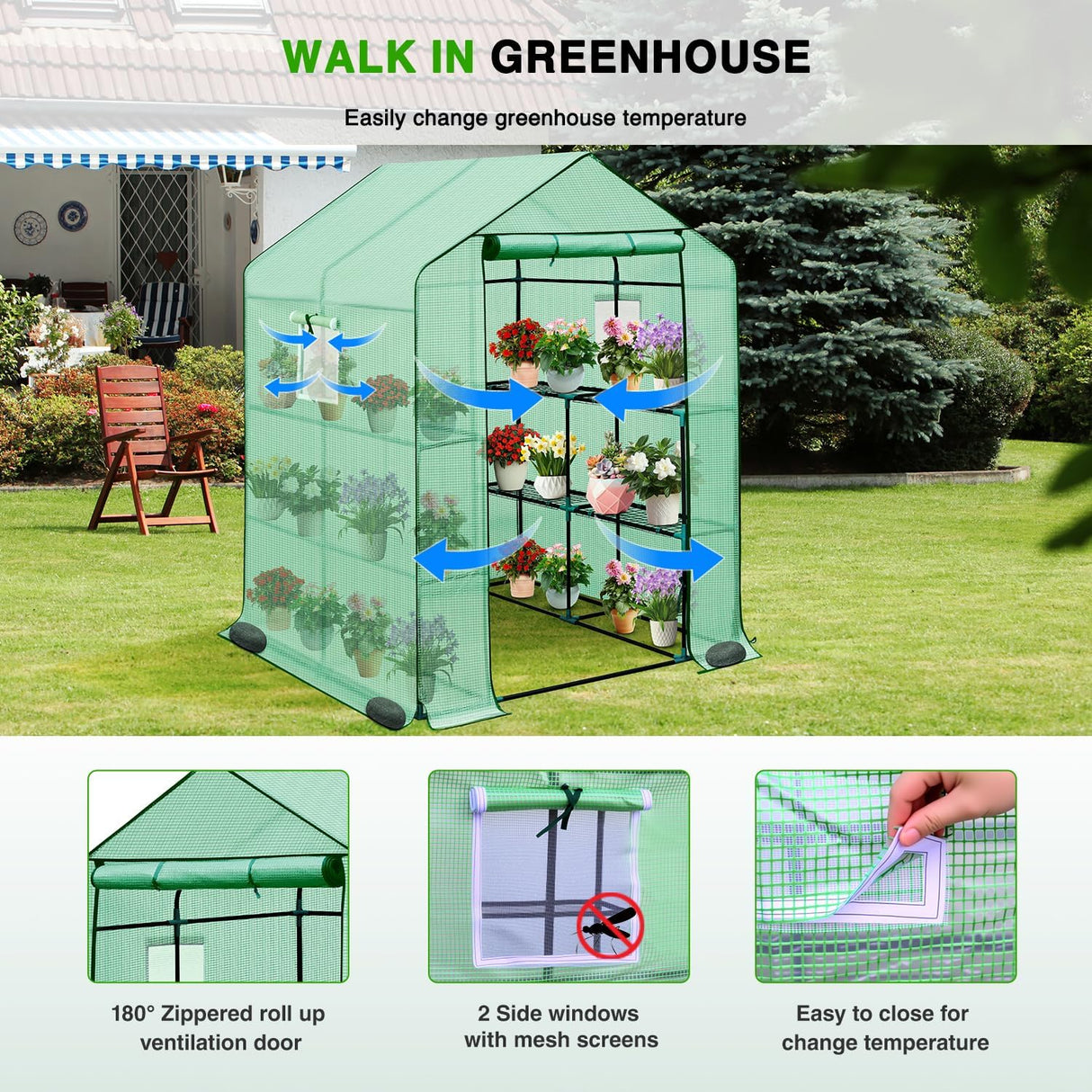 Greenhouse 57.5 Inchx57 Inchx77 Inch Walk in Green House - Large Outdoor/Indoor Greenhouses with 8 Shelves Waterproof PE Cover & Windows, Portable Greenhouse Kit for Winter Backyard Gardening Patio, Green