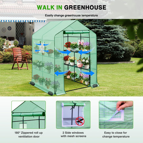 Greenhouse 57.5 Inchx57 Inchx77 Inch Walk in Green House - Large Outdoor/Indoor Greenhouses with 8 Shelves Waterproof PE Cover & Windows, Portable Greenhouse Kit for Winter Backyard Gardening Patio, Green