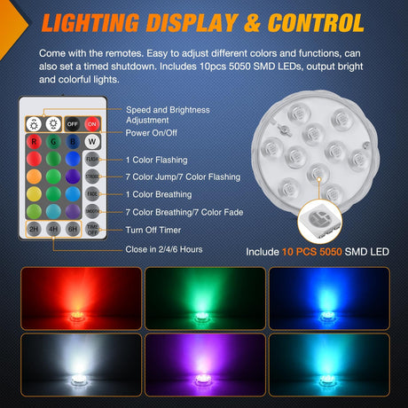 Marine Boat Light 4 PCS 10LED RGB Wireless Cabin Ambiance Multi Color Exterior Deck Lights Remote Control Submersible for Pontoon Sailboat Yacht Skeeter Fishing Bass Boats