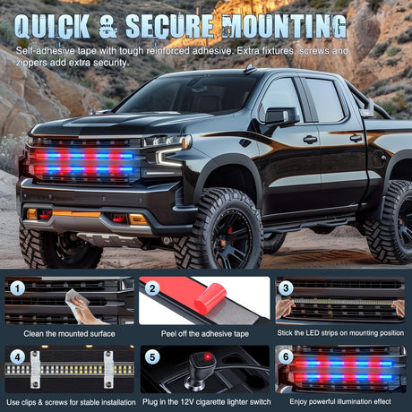 2PCS 24 inch Truck Grille Strobe Lights Strip 384 LED Emergency Light Red Blue Flexible Side Flashing Warning Caution Safety Waterproof Lighting Kit for Trucks Tow Plow Construction Vehicles