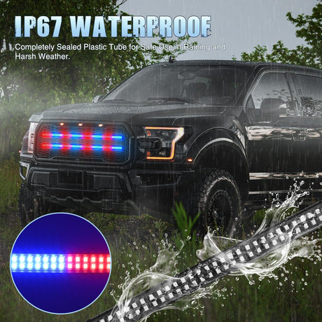 2PCS 24 inch Truck Grille Strobe Lights Strip 384 LED Emergency Light Red Blue Flexible Side Flashing Warning Caution Safety Waterproof Lighting Kit for Trucks Tow Plow Construction Vehicles