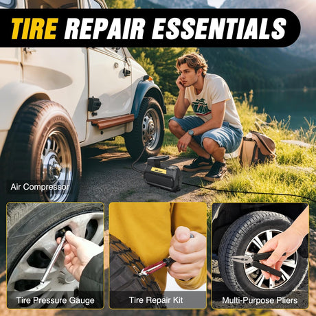 Car Emergency Kit with Jumper Cable Air Compressor Tire Repair Essential Tools First Aid Alligator Connector Electrical Kit for Travel Camping Outdoor Cars Truck SUV RV