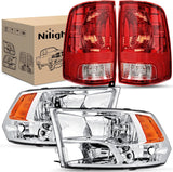 Headlight and Taillight Assembly Combo Compatible with 2009 2010 2011 2012 2013 2014 2015 2016 2017 2018 Dodge Ram for Quad Models Chrome Housing Amber Reflector with Red Housing Tail Light