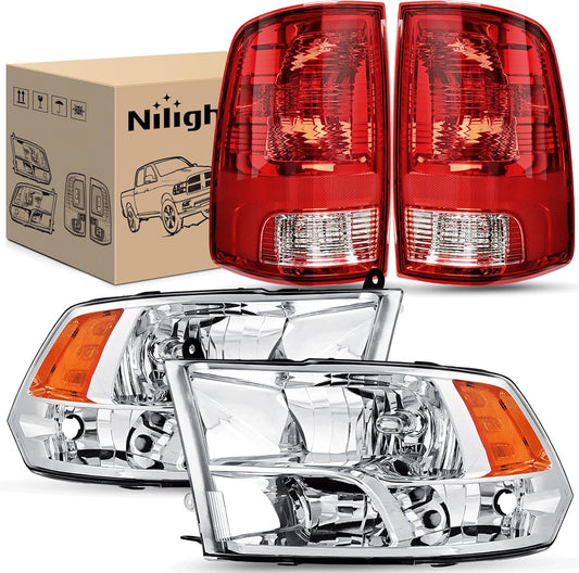 Headlight and Taillight Assembly Combo Compatible with 2009 2010 2011 2012 2013 2014 2015 2016 2017 2018 Dodge Ram for Quad Models Chrome Housing Amber Reflector with Red Housing Tail Light