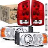 Headlight and Taillight Assembly Combo Compatible with 2002 2003 2004 2005 Ram 1500 2500 3500 Chrome Housing Amber Reflectors Headlamp with Red Tail Light