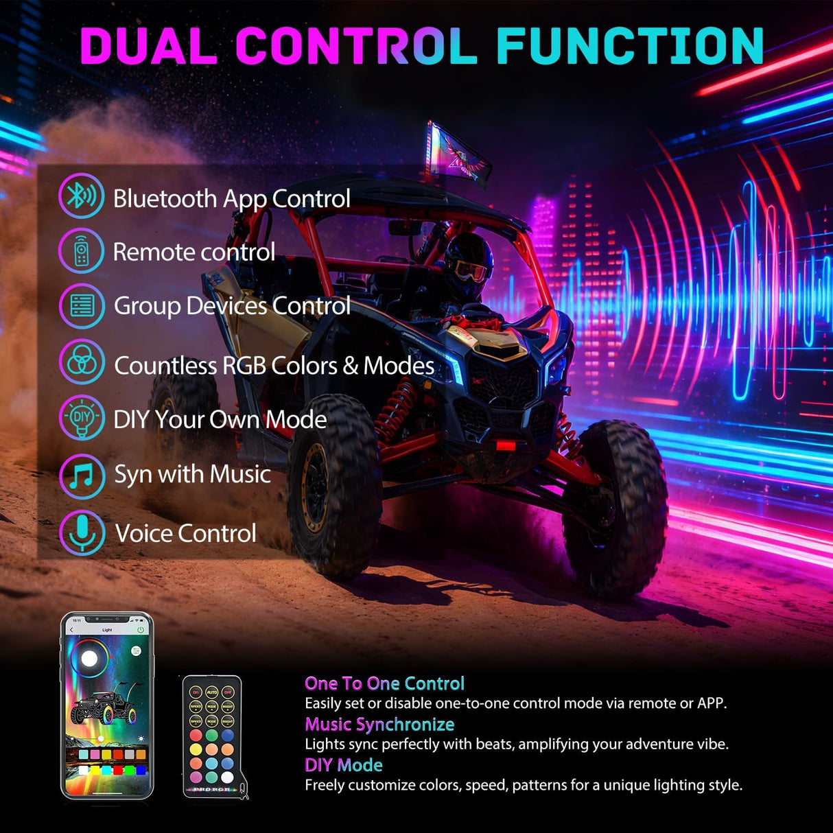 COB RGB LED Whip Light 1PC 2FT Spiral Antenna Whips | Bluetooth APP and Remote Control with DIY Chasing Patterns Music Sync and Spring Base for ATV UTV RZR Can Am and Truck