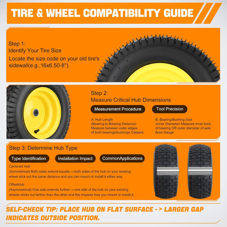 16x6.50-8 Lawn Mower Tires, 16 Inch Pneumatic Rubber Tire with 3/4 Inch Axle Bore & 3 Inch Hub Length, Air-Filled Replacement Wheels for Riding Lawn Mowers, 2 Pack