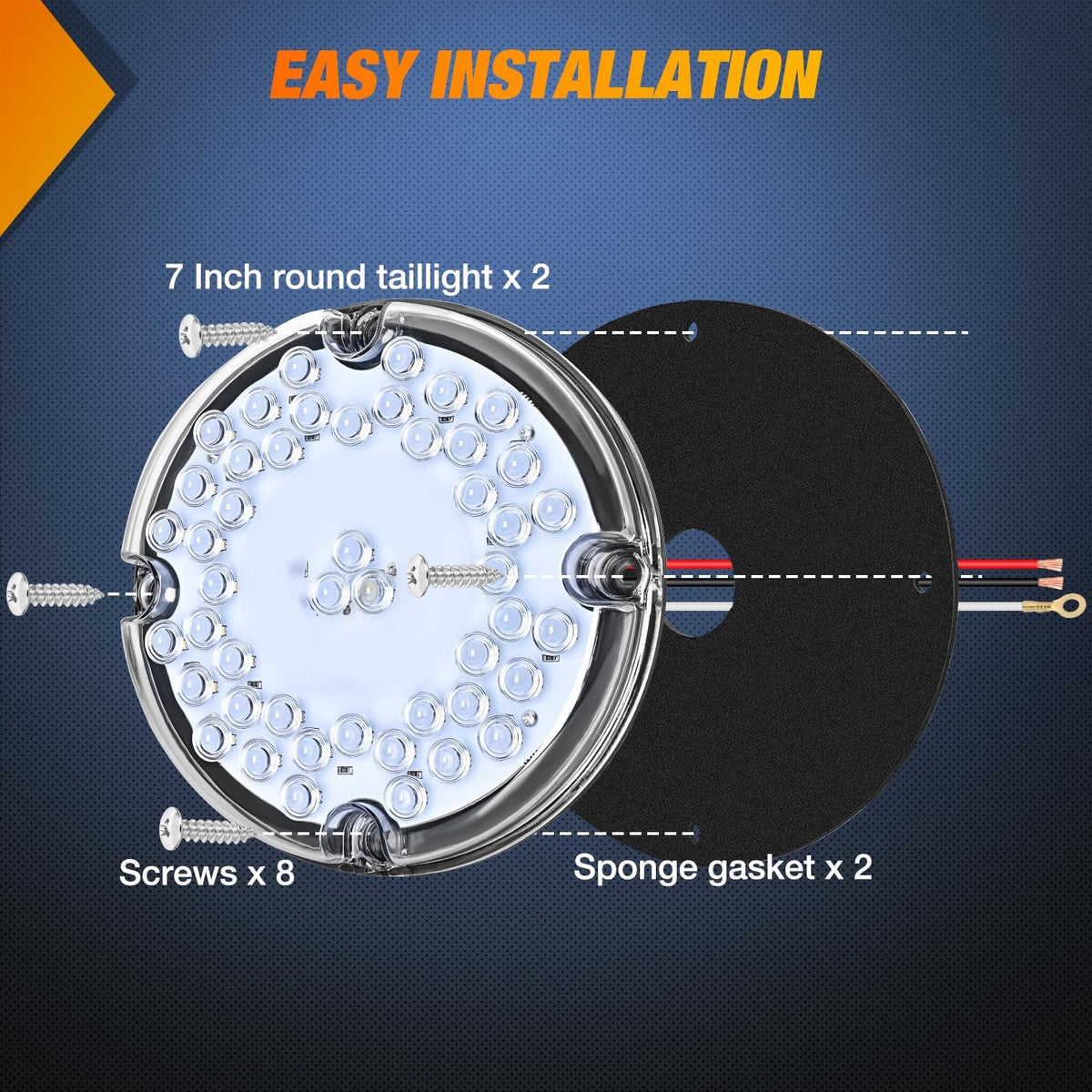Tail Lights 2PCS 7Inch Round 47LED White Reflex Lens | IP67 Waterproof Marker Clearance Reverse Backup Running Taillights for Trailer Truck Pickup Camper RV Bus