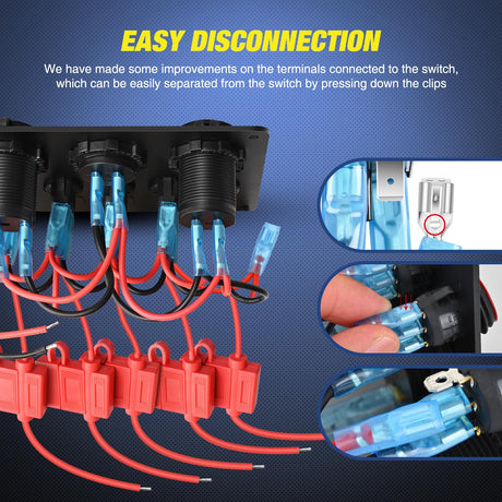 5 Gang Multi Function Waterproof Switch Panel PD Type C and USB Socket Digital Voltmeter 12V Outlet Rocker with Inline Fuse for RVs Cars Boats Trucks Trailers Red