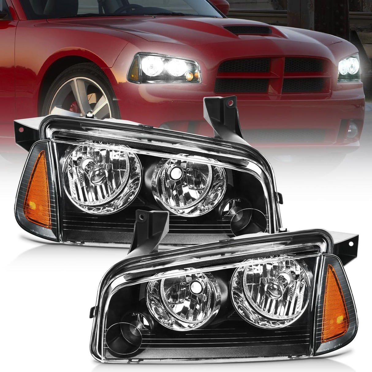Headlight Assembly Compatible with 2006 2007 2008 2009 2010 Dodge Charger Black Housing Amber Reflector Clear Lens Headlights Replacement Bumper Lamp Set Driver and Passenger Side