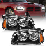 Headlight Assembly Compatible with 2006 2007 2008 2009 2010 Dodge Charger Black Housing Amber Reflector Clear Lens Headlights Replacement Bumper Lamp Set Driver and Passenger Side