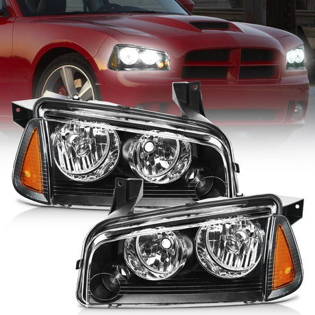Headlight Assembly Compatible with 2006 2007 2008 2009 2010 Dodge Charger Black Housing Amber Reflector Clear Lens Headlights Replacement Bumper Lamp Set Driver and Passenger Side