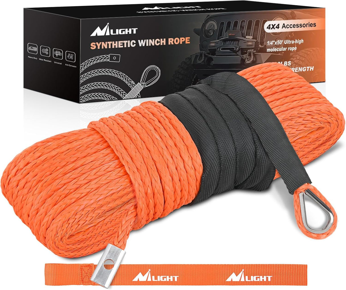 1/4 Inch x 50 ft Synthetic Winch Rope 9,000 LBS Winch Line Cable with Black Protective Sleeve Winch Line Ropes for ATV Winch with Synthetic Rope UTV Trailer Jeep Quad Polaris Winch Cable Orange