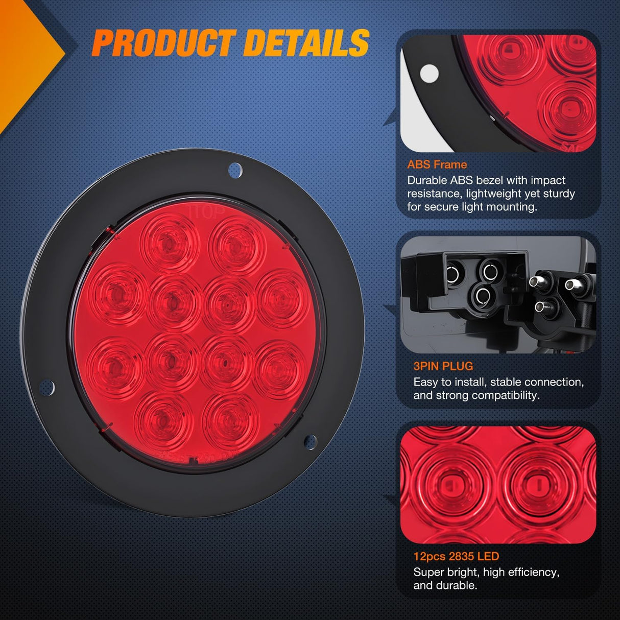 Trailer Tail Lights 2PCS 4Inch Round 12LED Red Brake | IP67 Waterproof Screw Mount Marker Clearance Stop Brake Running Taillights for Trailer Truck Pickup Camper RV