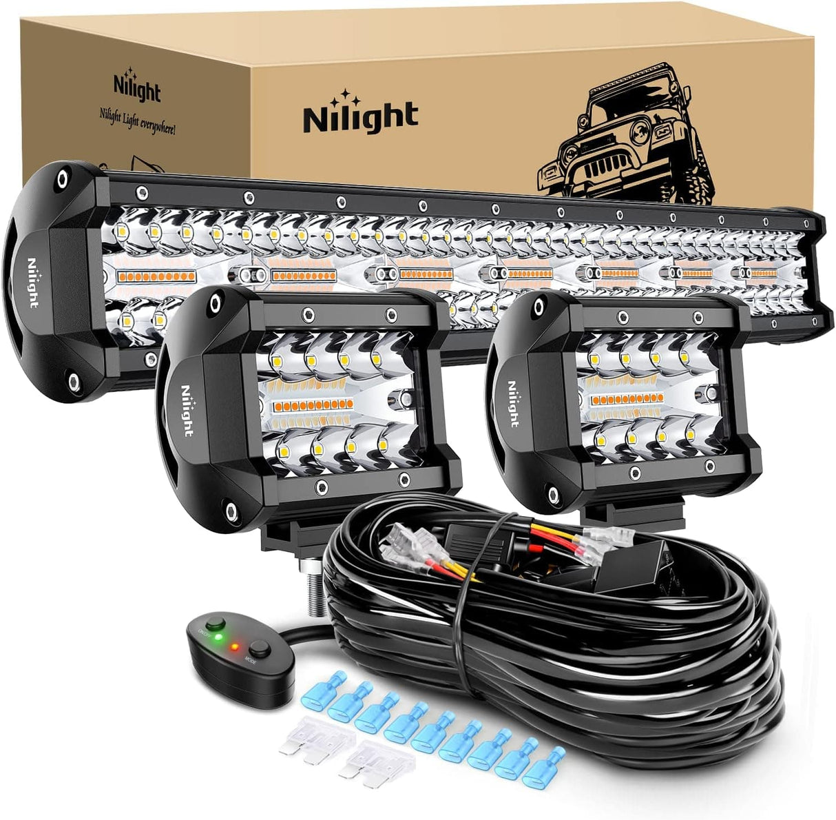 20 Inch 420W Amber White Strobe Spot Flood LED Light Bar Kit | 2PCS 4 Inch 60W Light Pods | 16AWG Wire 3 Leads