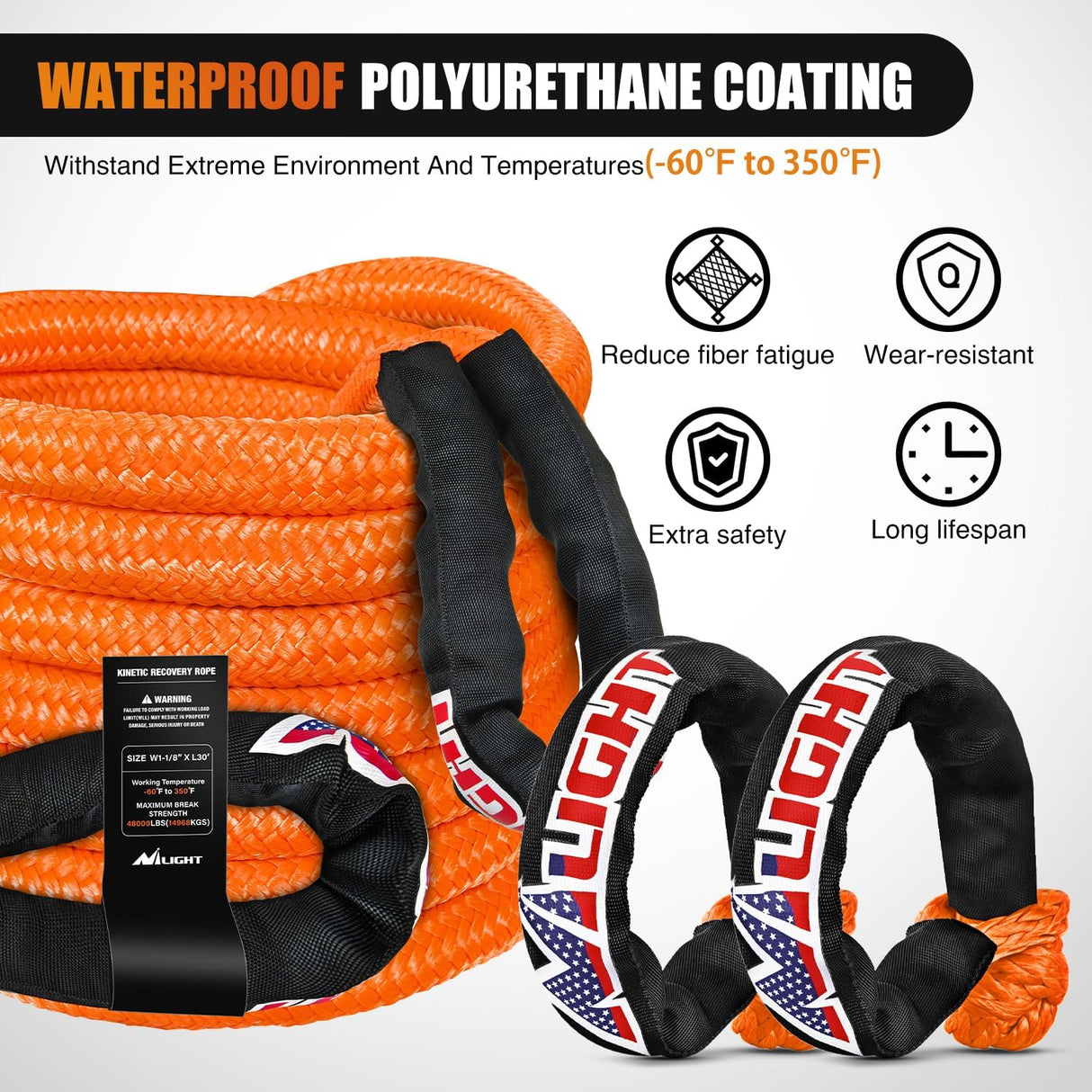 Kinetic Recovery Tow Rope Kit with 2 Soft Shackle 1-1/8inx30ftt Heavy Duty Offroad Tow Rope Snatch Strap Towing Strap kit 48,000LBS for UTV ATV SUV Truck Car Jeep Tractor