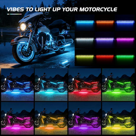 18PCS Motorcycle RGB Led Light Kit Waterproof Multi Color Atmosphere Neon Accent Lights Lamp with RF Wireless Remote for Harley Davidson Honda Kawasaki Yamaha Suzuki