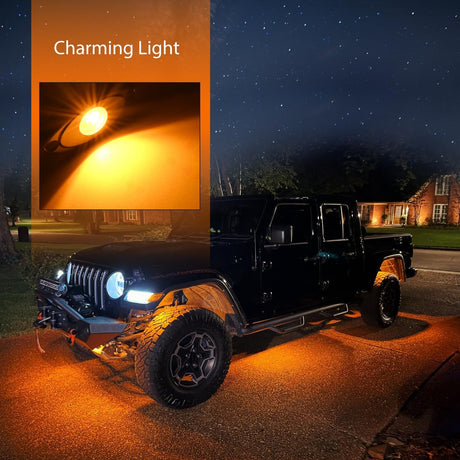 LED Rock Light 6PCS Amber Underglow Wheel Well Fender Pods Waterproof Exterior Underbody Roof Rack Side Lamps for 12V 24V Car Truck Pickups ATV UTV SUV Motorcycle Boat