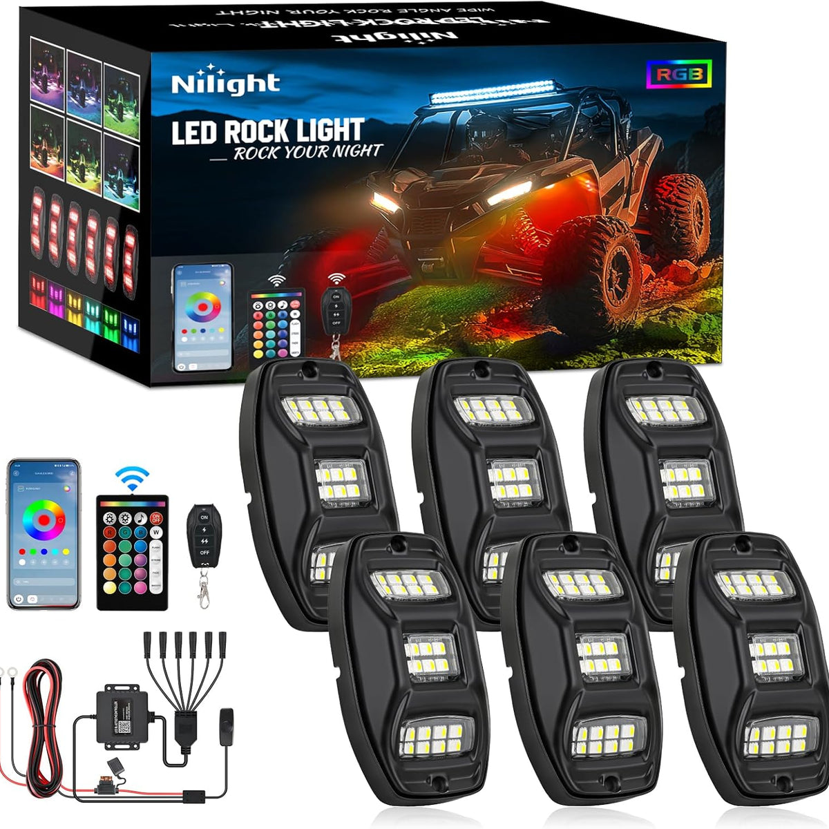RGBW LED Rock Lights Kit, 6 Pods 22LED Wide Angle Remote & Bluetooth ...