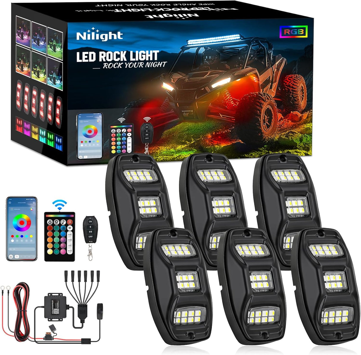 RGBW LED Rock Lights Kit, 6 Pods 22LED Wide Angle Remote & Bluetooth App Dual Control with Music Modes Multicolor Underglow Neon Wheel Well Light Fit for ATV UTV SUV Offroad Truck RZR Boat
