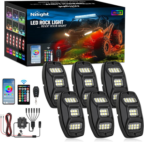 RGBW LED Rock Lights Kit, 6 Pods 22LED Wide Angle Remote & Bluetooth App Dual Control with Music Modes Multicolor Underglow Neon Wheel Well Light Fit for ATV UTV SUV Offroad Truck RZR Boat