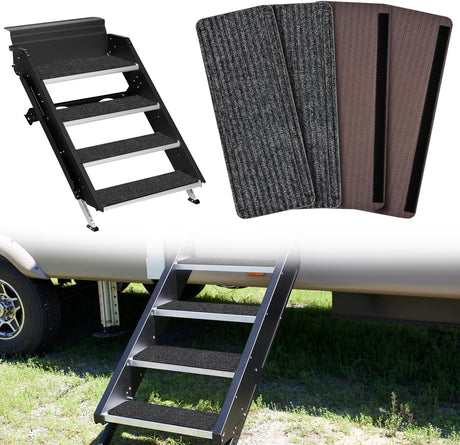 RV Step Covers 4 Pack 19 x 7.5 inches, Non Slip Camper Stair Cover Rug with Hook & Loop Works on Electrical Manual RV Stairs Carpet Step Rug for Mobile Home Camper Trailers Steps Outside, Gray