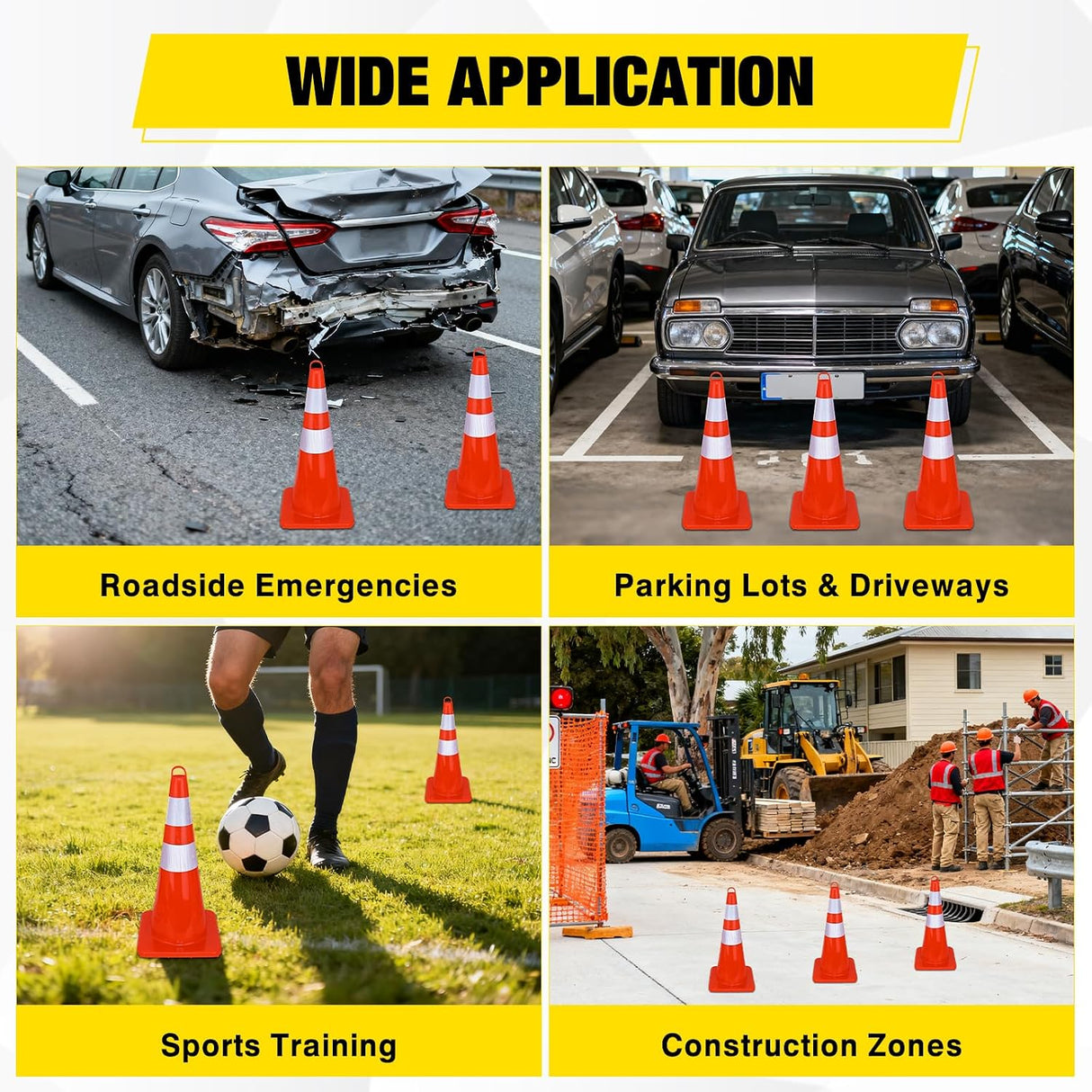 28 inch Traffic Safety Cones, 4  Pack Durable PVC Orange Cones with Reflective Collars for Road Safety, Parking, Construction Work, Sports Training