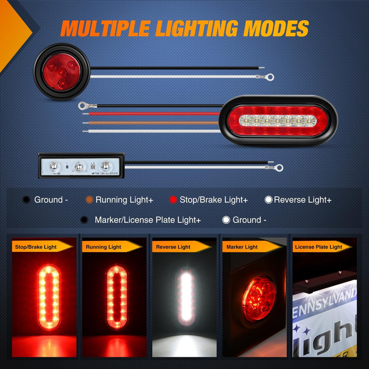 2 PCS Steel Trailer Light Boxes Housing Kit 3LED License Plate Lights 6 Inches Oval Red White Trailight 2 Inch Round Side Marker Lamp Grommet Plugs for Truck Tractor Car