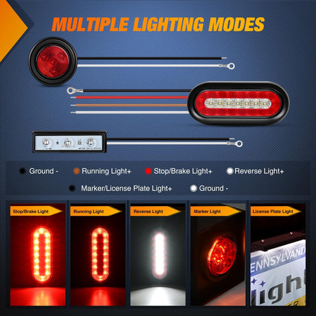 2 PCS Steel Trailer Light Boxes Housing Kit 3LED License Plate Lights 6 Inches Oval Red White Trailight 2 Inch Round Side Marker Lamp Grommet Plugs for Truck Tractor Car