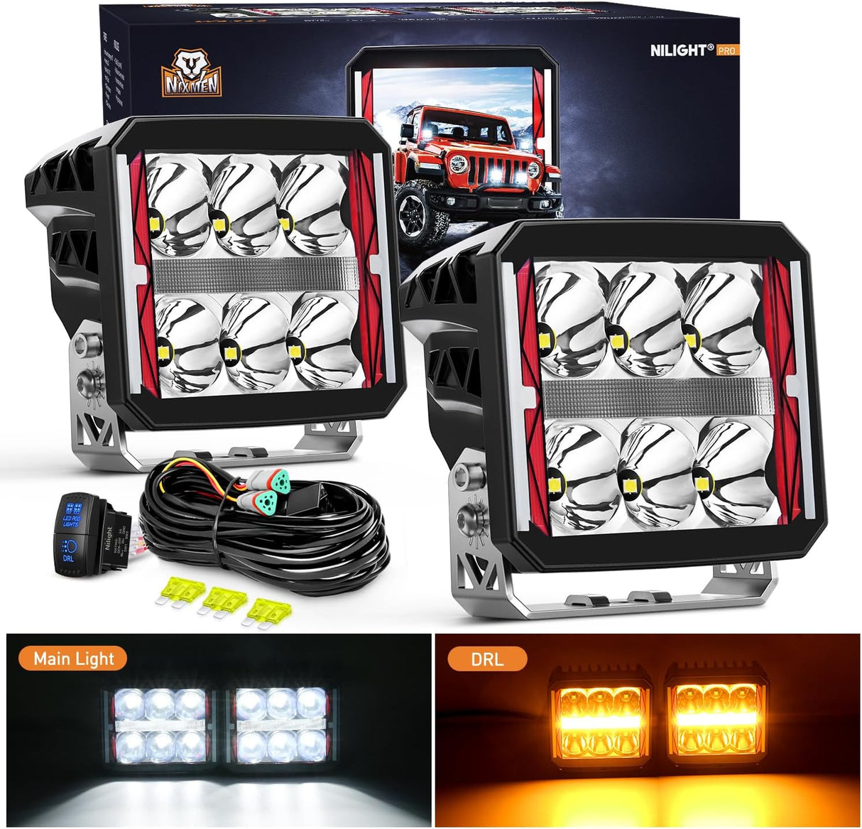LED Pod Lights Heated Lens with Amber DRL 4 Inch 60 W Square Super Spot Light 16AWG Wiring Harness Kit for Offroad Driving Light Anti Freeze Function LED Work Lights for Truck UTV ATV SUV Jeep