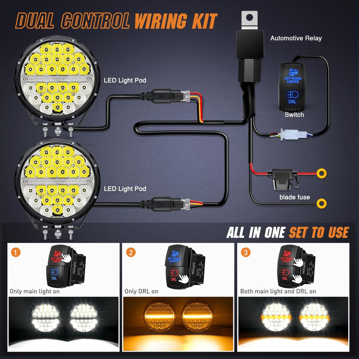 LED Offroad Driving Lights with Amber DRL 2PCS 9 Inch Round 140W IP68 Spot Flood Combo Work Light Bar with 12AWG DT Connector Wiring Harness Kit for 4x4 Truck ATV UTV SUV