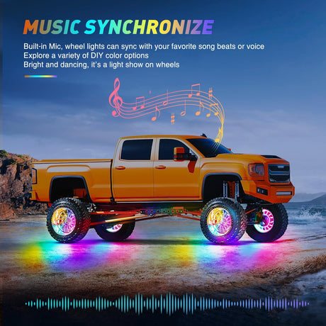 4PCS 17.5inch Double Row Wheel Ring Lights Dream Color with APP and Remote Control Neon Lights w/Turn Signal and Braking Function Dual Row for Car Van SUV Truck