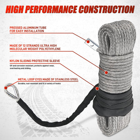 Winch Rope 1/4 Inch x 50 Feet 9000 LBS Synthetic Winch Line Cable with Black Protective Sleeve for ATV Towing Winches with Synthetic Ropes UTV Truck Boat SUV Vehicle, Grey