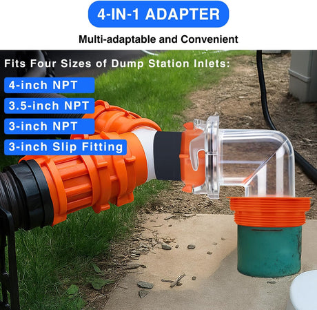 90 Degree RV Sewer Hose Fittings with 4-in-1 Adapter, Clear RV Sewer Hose Elbow Leak-Proof Connection & Odor-Tight Seal Fits 4 Sizes of Dump Station Inlets for Campers Travel Trailers, Orange