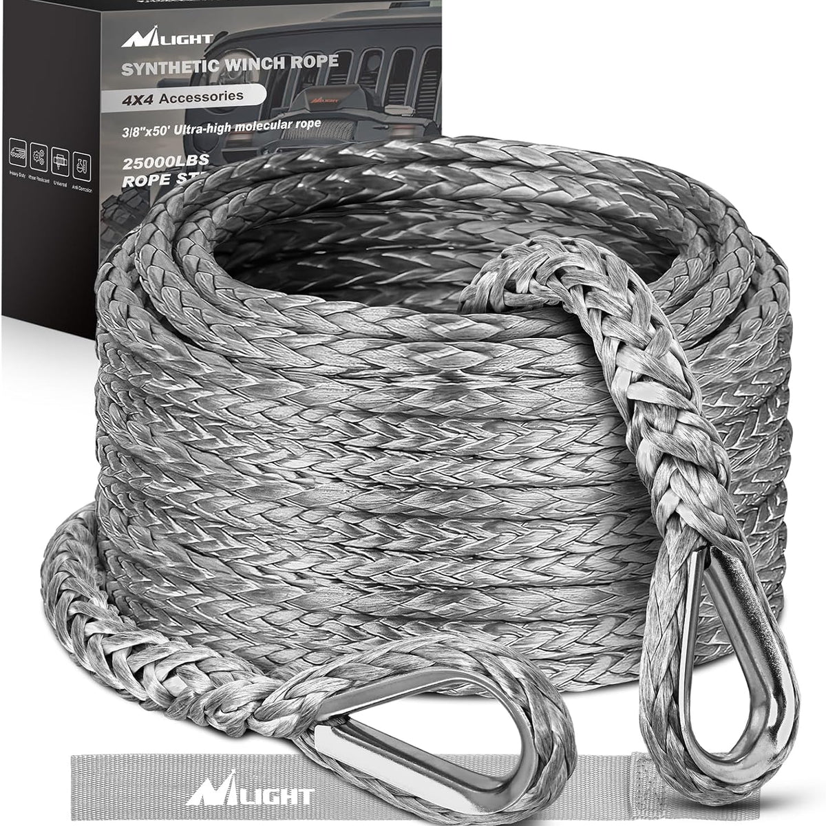 Synthetic Winch Rope Extension 3/8 Inch x 50 Feet 25,000 Lbs ATV Winch ...