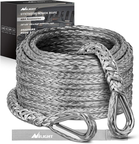Winch Rope Synthetic Winch Rope Extension 3/8 Inch x 50 Feet 25,000 Lbs ATV Winch Extension Cable Replacement Tow Ropes Line for Off Road Vehicle Polaris ATV UTV Truck SUV Jeep, Grey
