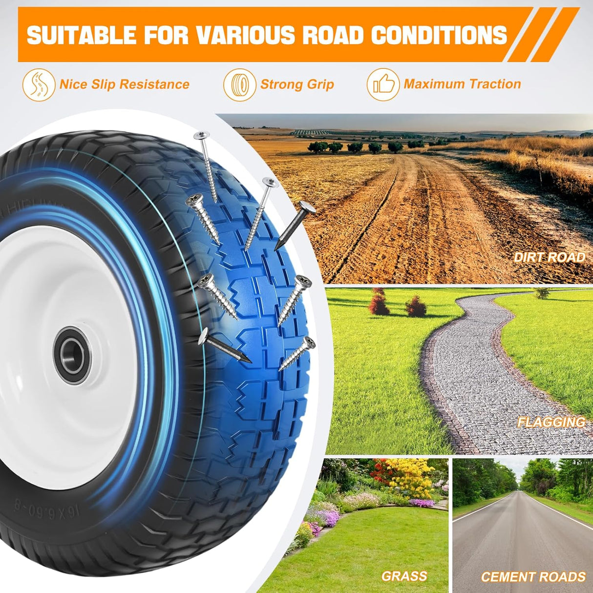 16x6.50-8 Solid Lawn Mower Tires, Flat Free Polyurethane Replacement Wheels with 1 Inch Axle Bore & 3 Inch Centered Hub, Heavy Duty Riding Mower Tire, 2 Pack