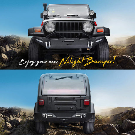 Front and Rear Bumper Compatible for 1987-2006 Wrangler TJ & YJ Rock Crawler Bumper with Hitch Receiver Winch Plate LED Lights D-Rings,Upgraded Textured Black