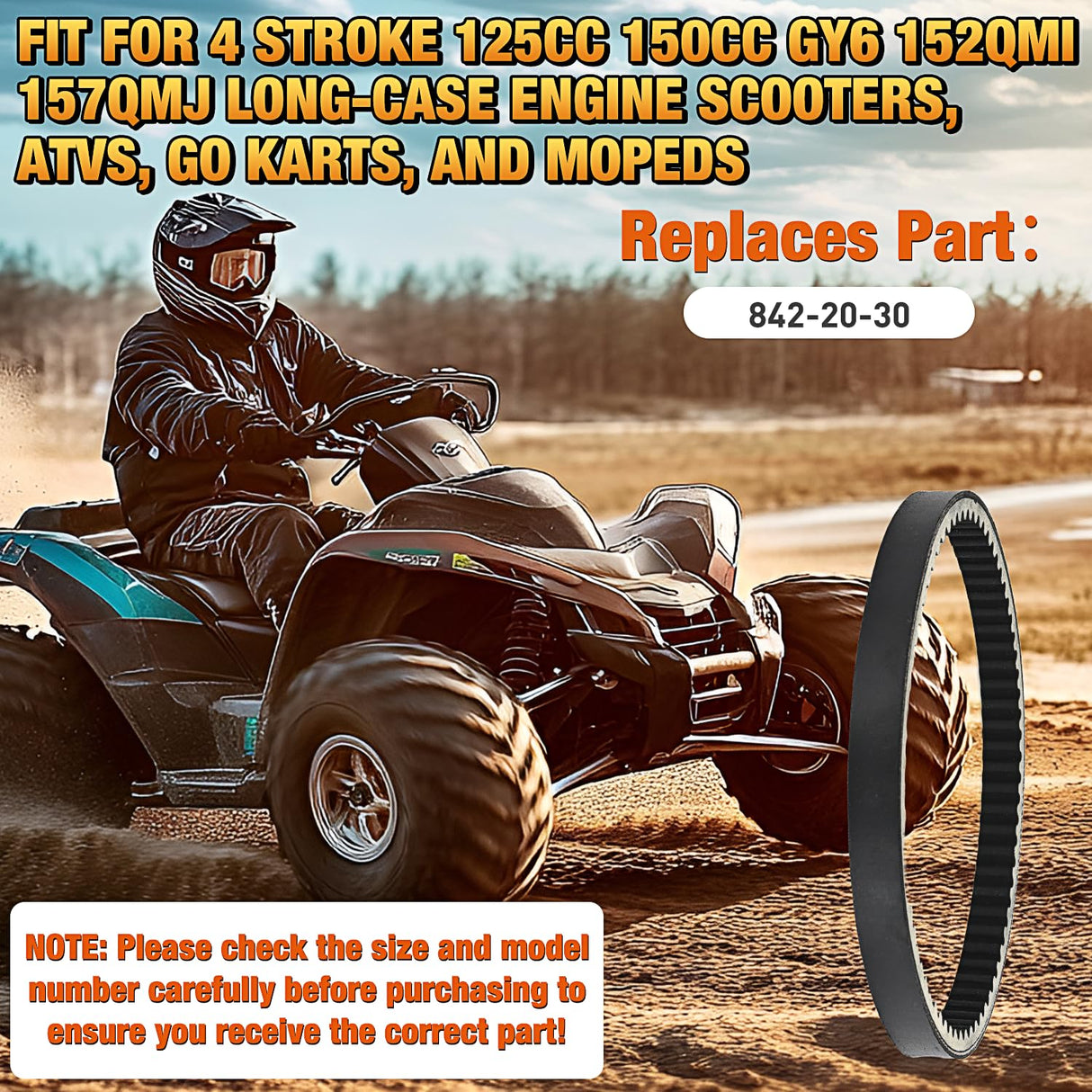 842-20-30 CVT Drive Belt Fit for 4-Stroke GY6 125cc 150cc 152QMI 157QMJ Long-case Engine Belts for Roketa, Taotao, Vespa, Jonway, Baja, Tank Go-Kart Scooter Moped ATV, 1 Pack #842 20 30