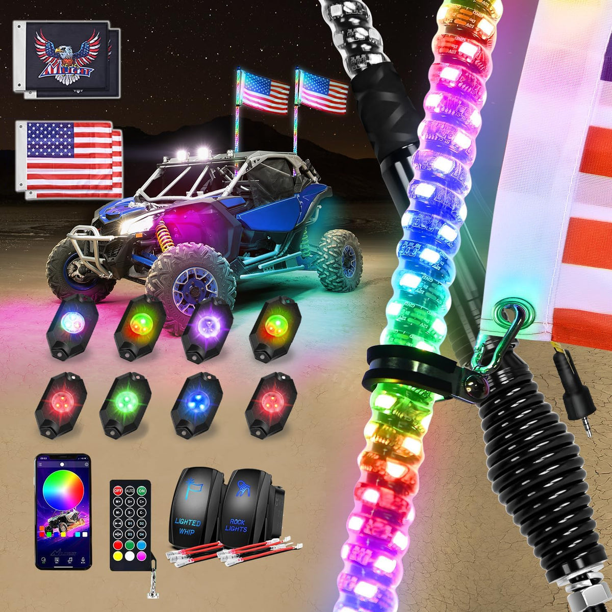 RGB LED Whip Light 2PCS 3FT with 8 Rock Lights Combo | APP and Remote Control with DIY Chasing Patterns Turn Signal Brake Reverse Functions and Spring Base for ATV UTV RZR and Jeep