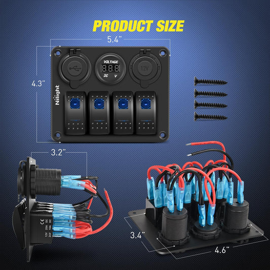 4Gang ON/Off Blue Rocker Switch Panel w/ PD Type C & USB Charger Power Socket Fuse Nilight
