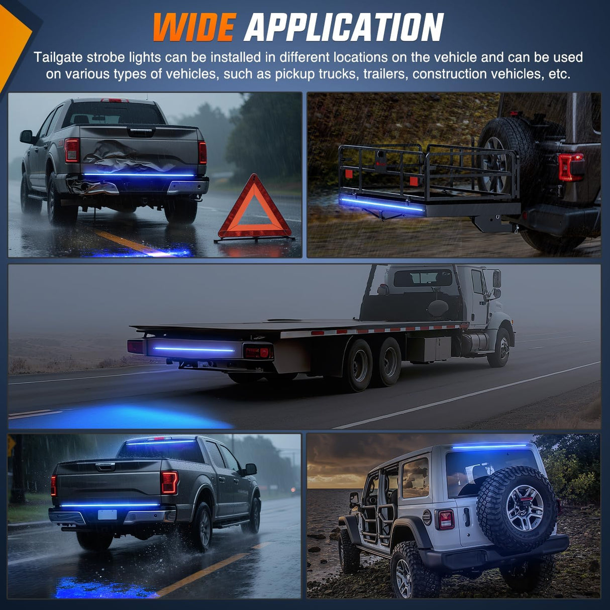 48 Inch Truck Tailgate Strobe Light Strip Tail Emergency Bar Rear Window Warning Lamp Ultra-Bright Double Row 288 LED for Pickup Trailers Construction Vehicles Car SUV, Blue