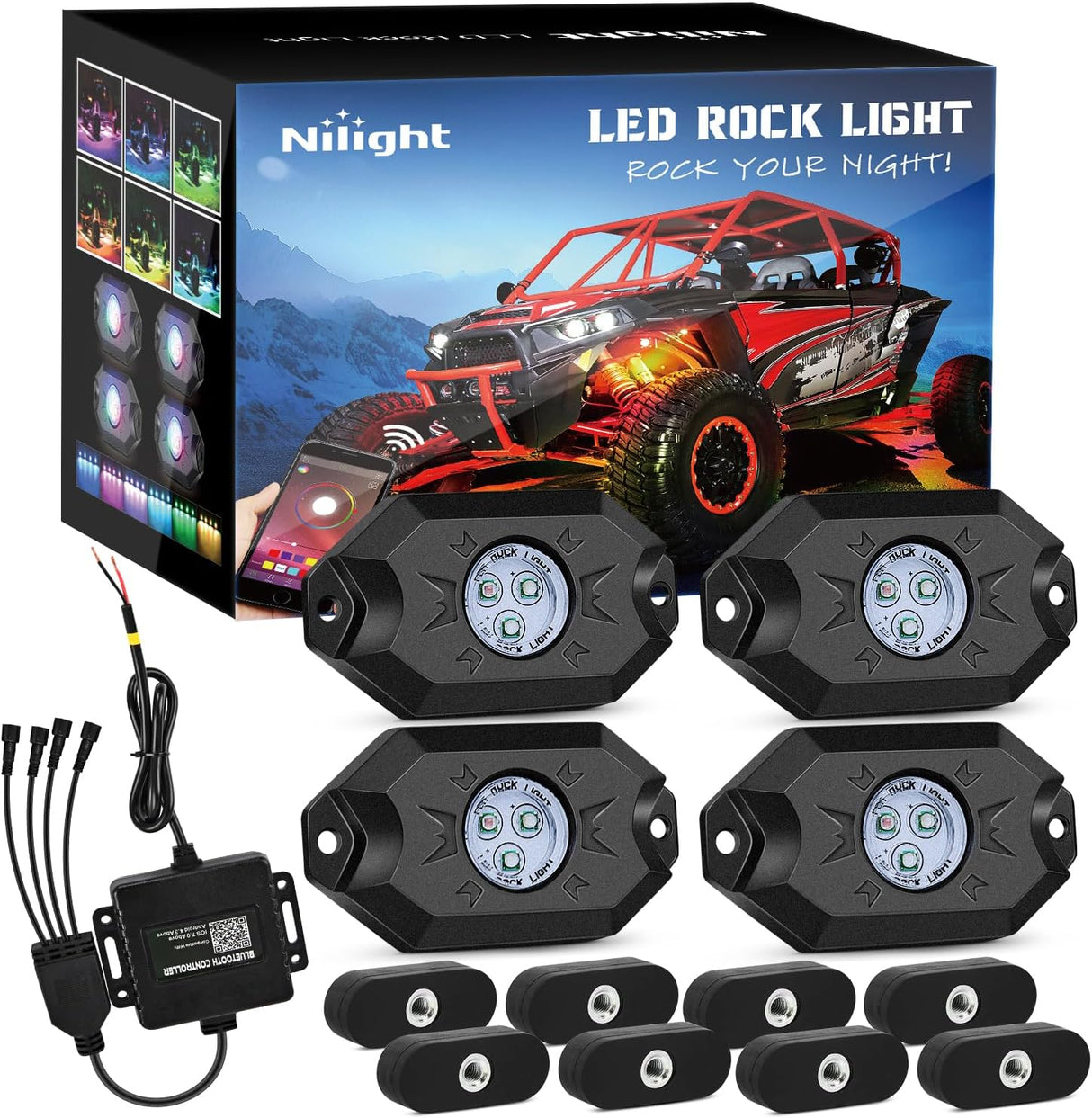 RGB LED Rock Lights Kit 4PCS Bluetooth App Control Multicolor | Magnetic Base Underglow Neon Light Pods IP68 Waterproof Flashing Music Mode for Truck ATV UTV RZR SUV