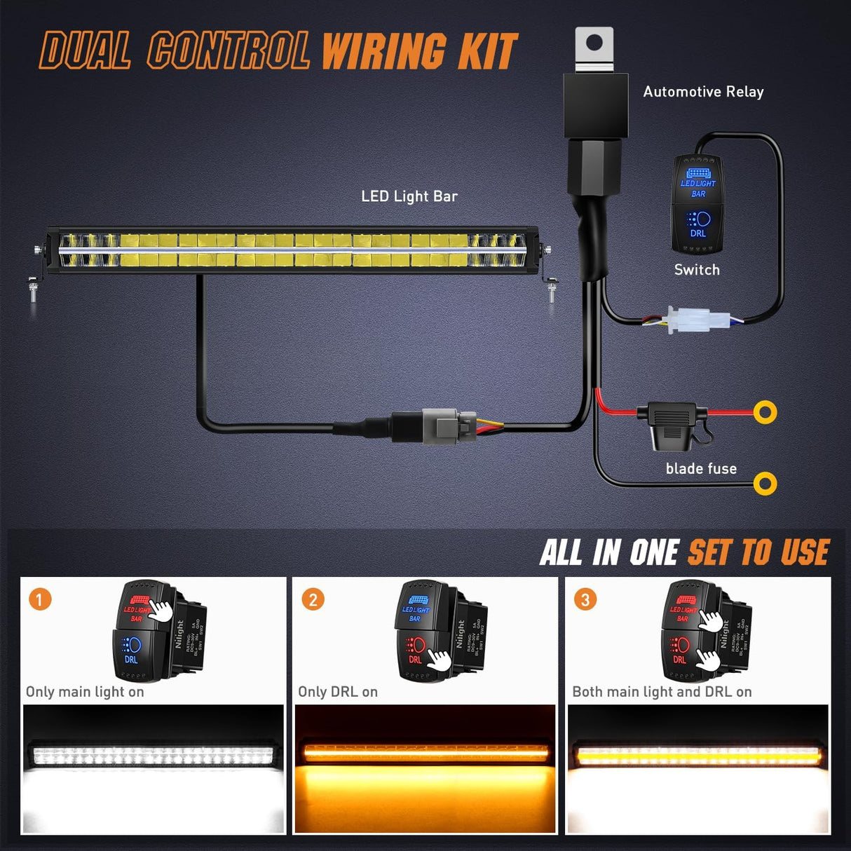 LED Light Bar with Amber DRL 30 Inch 240W Offroad Light Anti-Glare Flood Spot Combo LED Driving Light IP68 w/ 12AWG DT Connector Wiring Harness for Pickup Truck SUV ATV UTV Boat 4x4