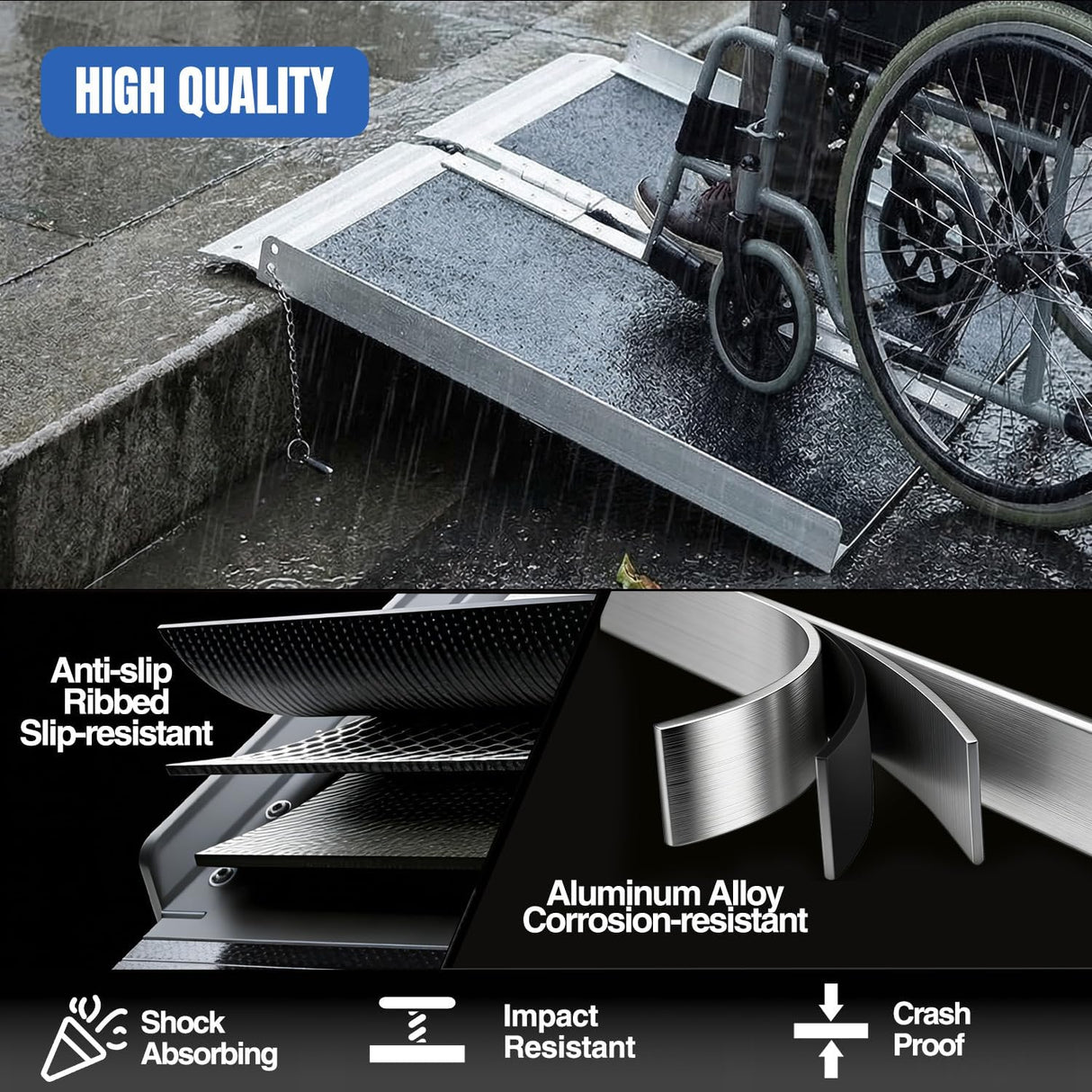 2 Feet Portable Wheelchair Ramp with Quick-Lock Non-Skid Aluminum | Handicap Ramps with Handle Folding Threshold Ramp for Home Steps, Stairs, Doorways, Scooter, Porch, Cart 800LBS Capacity