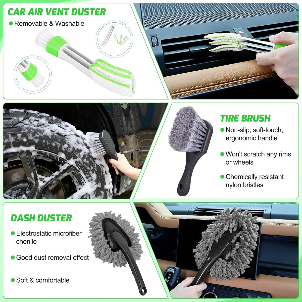 Automotive Tools 27PCS Car Detailing Kit Auto Cleaning Tools Wash Set with Storage Carry Bag Home Use for Interior Exterior Deep Clean Polish Car Care Windshield Dashboard Seat Air Vents Wheels Tires, Green