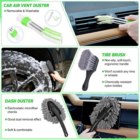 Automotive Tools 27PCS Car Detailing Kit Auto Cleaning Tools Wash Set with Storage Carry Bag Home Use for Interior Exterior Deep Clean Polish Car Care Windshield Dashboard Seat Air Vents Wheels Tires, Green