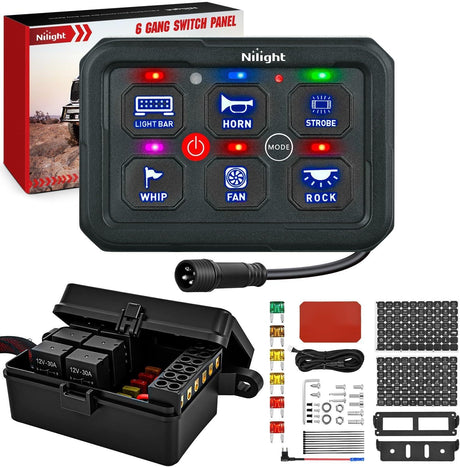 6 Gang Switch Panel Blue Circuit Control Relay System with Fuse Wiring Harness Toggle Momentary Strobe Flash Modes Automatic Dimmable ON Off Pod 12V 24V for Car Truck Camper SUV